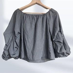 PETERSYN - Neiman Marcus - Gray Check Long Sleeve Off Shoulder Blouse XS